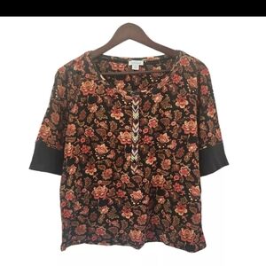 Sundance Catalog Black Cordelia Bloom Henley Thermal Onyx Floral Top Size PL